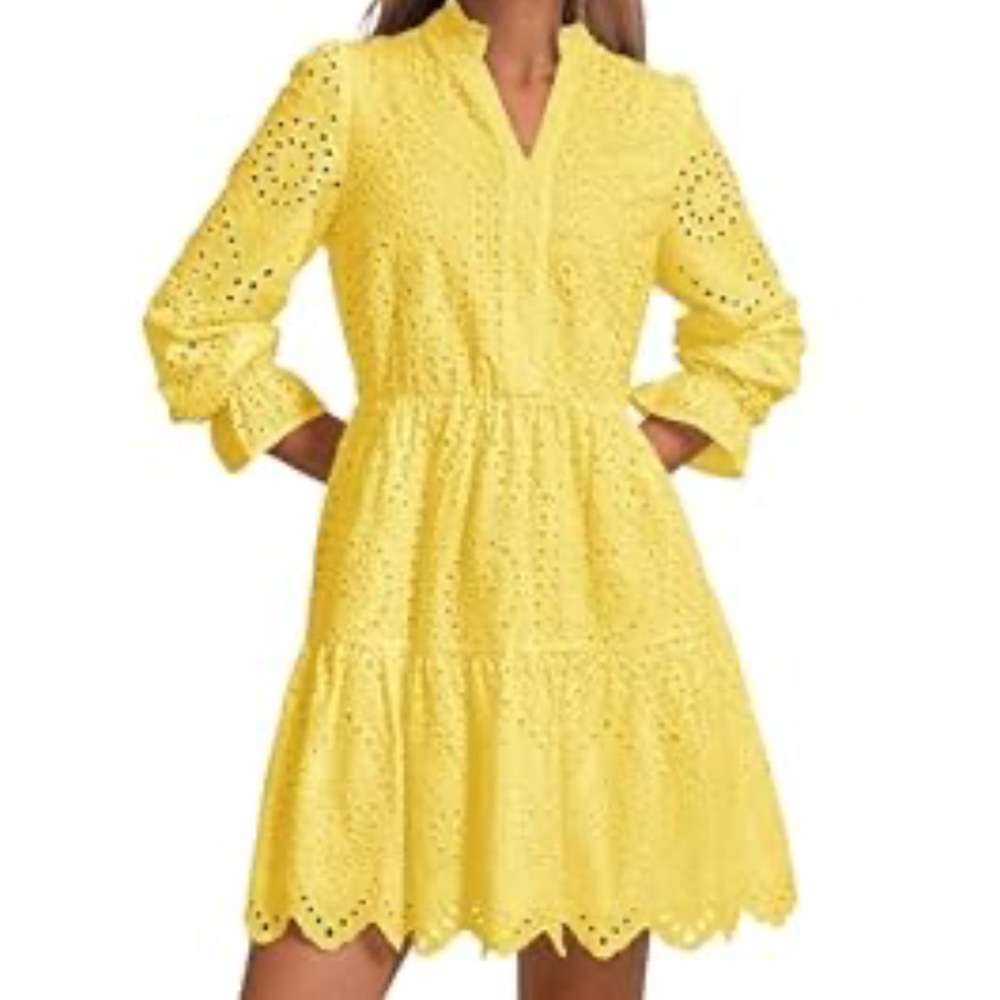 Elegant Yellow Long Sleeve Eyelet Dress